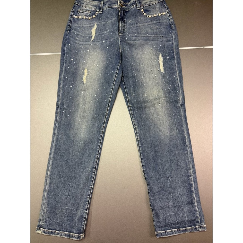 Chico's Black Label Rhinestone Pearl Distressed Ankle Jeans Blue 1.5 Medium Wash